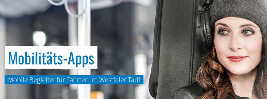 Frau mit Kopfhöhrer sieht auf den Text Mobilitäts-Apps.